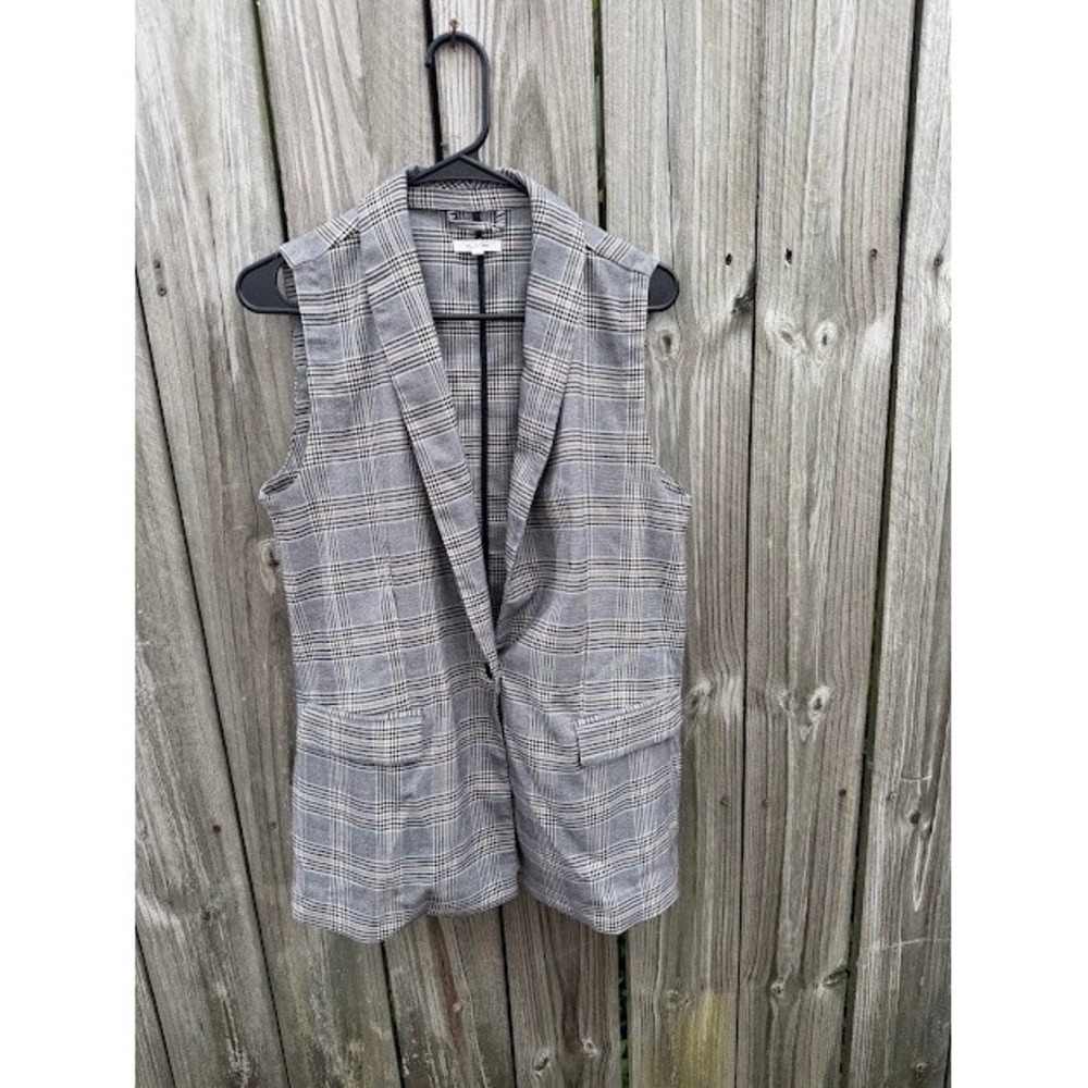 Dark Academia Preppy Maurices Sleeveless Blazer Vest L Grey Plaid Shawl Collar